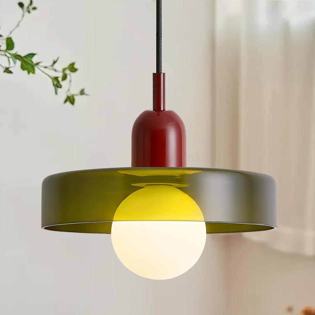 Pendant Lights Stained Glass Dark Olive Green Hanging Light Bedroom Lighting for Kitchen Dining Room Mid Century Modern Light Living Room Light Fixture Dark Olive Green and Wine