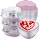 Fainne 12 Sets Mother's Day 5" Aluminum Foil Heart Shaped Cake Pans with Clear Lids 225 ml/ 7.92 oz Heart Cake Pan Mini Mother's Day Containers Disposable Dessert Baking Containers (Nude Pink)