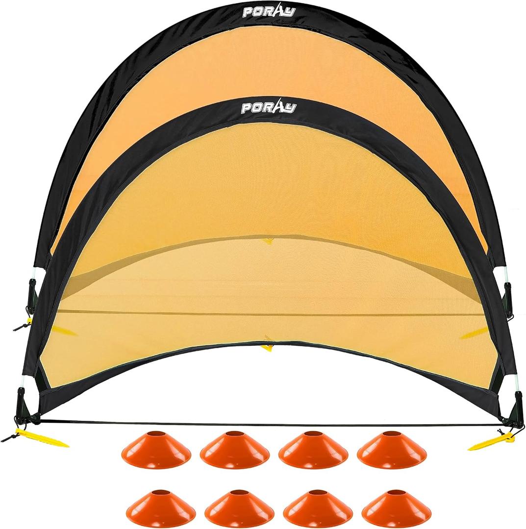 Poray Soccer Goal for Kid Easy-up Set of Two Portable Soccer Net 210D Oxford with 8 Field Marker Cones Extra Stakes Fun for Backyard and Soccer Training