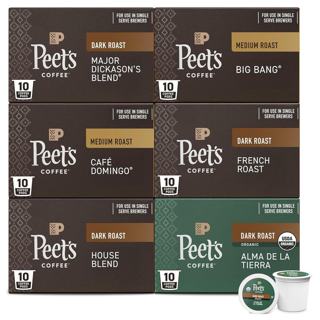 Peet's Coffee, Single Serve Coffee Pods Variety Pack - Major Dickason's Blend, Big Bang, French Roast, Caf Domingo, Organic Alma De La Tierra, House Blend, 60 Count (6 Boxes of 10 Pods)