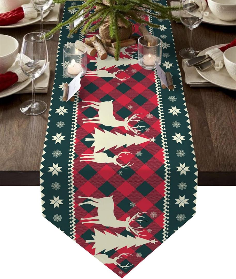 Christmas Tree Elk Deer Table Runners Red Holiday Buffalo Checkered Plaid Non-Slip Burlap Table Runner Cotton Linen Tablecloth Setting Decor for Farmhouse Wedding Party Dinner Home, 13X70 Inch