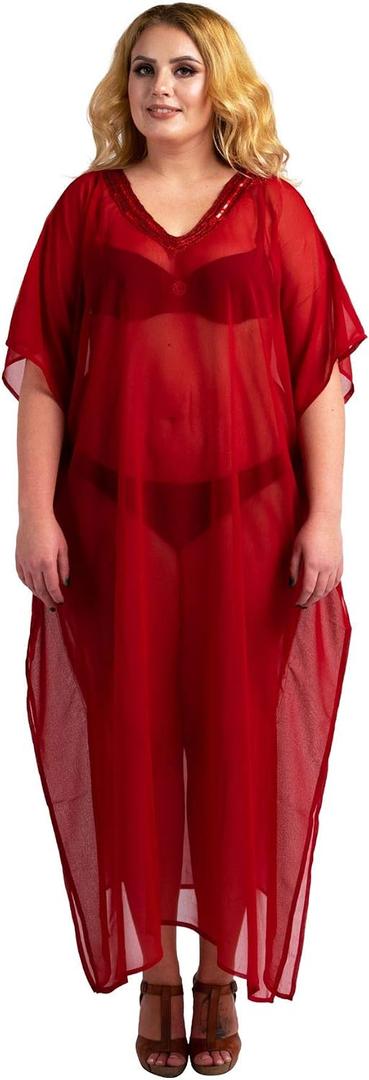 Miss Lavish London Womens Plus Size Kimono Kaftan Maxi Dress, Kimono Kaftan Plus Size Swimsuit Cover Up, Vacation Dress (Red, S)