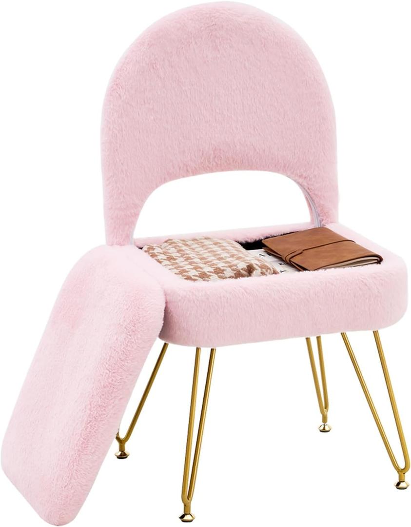 Vanity Stool Chair with Folding Back, Storage Ottomans Faux Fur Vanity Chair, Multifunctional Upholstered Footstool with 4 Metal Legs with Anti-Slip Feet for Bedroom Living Room Entryway (Pink)