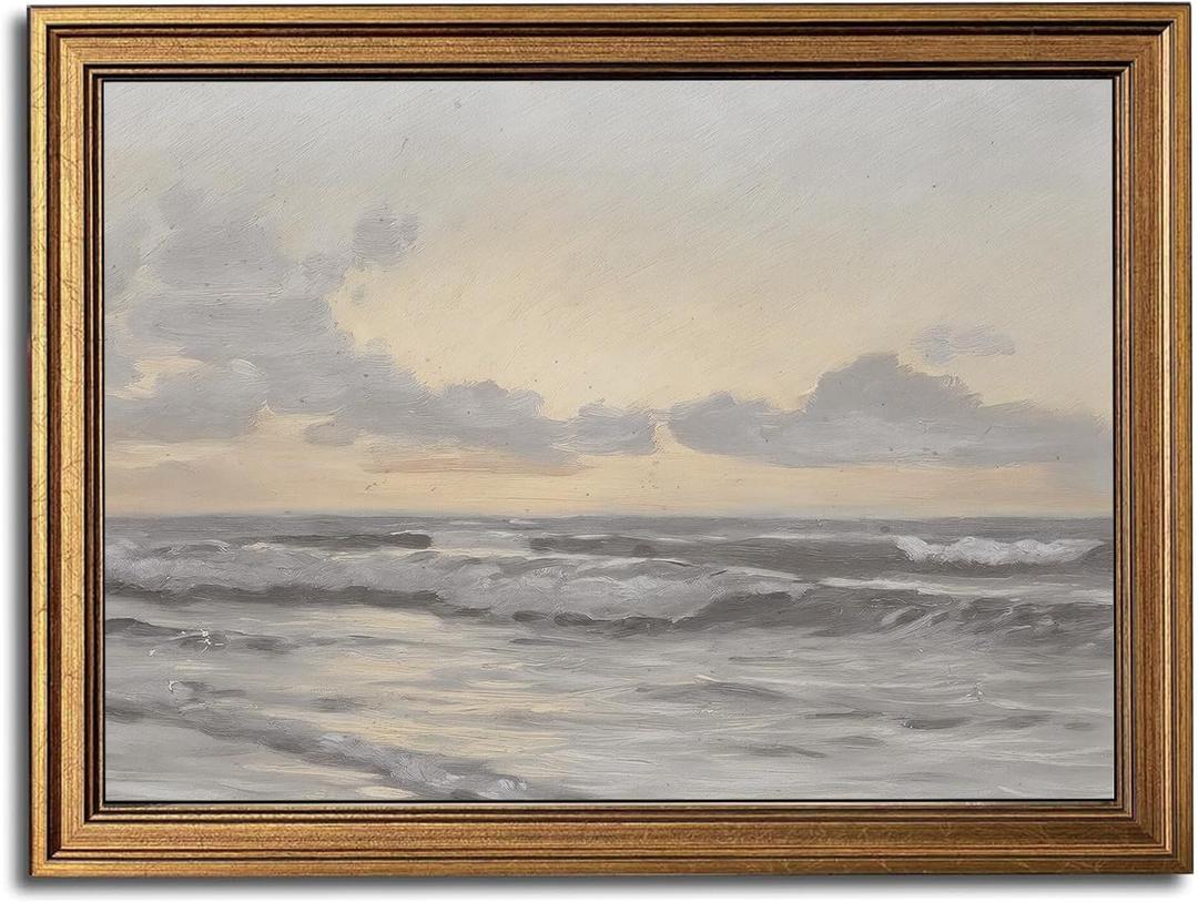 Gold Framed Wall Art Vintage Canvas Wall Art Aesthetic Coastal Landscape Sea Sky Artwork Prints Picture for Living Room Bedroom Farmhouse Bathroom Office Decor, 16x24