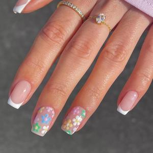 2 x 24Pcs Flower Press on Nails Short Square Fake Nails with Design White French Tip Spring Summer Glossy Glue on Nails Full Cover Colorful Floral False Nails Acrylic Nails for Women Girls Manicure