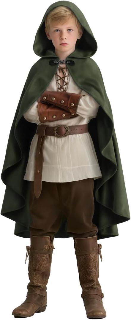 VZQI Hooded Cape for Kids Renaissance Cloak Boys Medieval Halloween Witch Costume Wizard Open-Front Cape (Medium, Green)