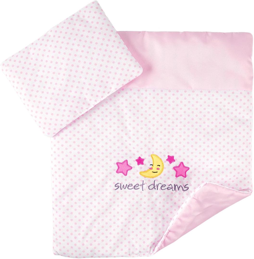 BABESIDE 2 Pcs Baby Doll Bedding Set for 12-15 Inch Dolls, Pink Polka Dot Baby Doll Blanket and Pillow Set with Cute Moon & Stars Pattern for Bitty Babydoll Accessories