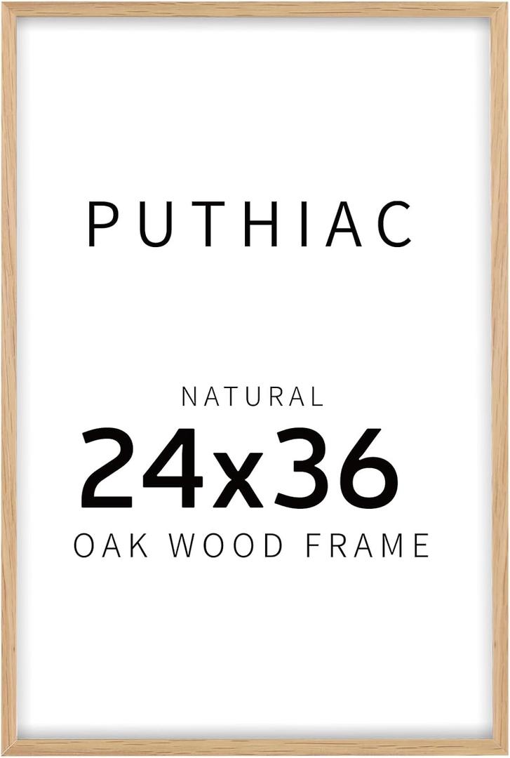 puthiac 24x36 Solid Oak Wood Picture Frame, 24 x 36 Poster Frames for Wall, Vertical or Horizontal, Plexi Front, 1 Pack, Natural Oak