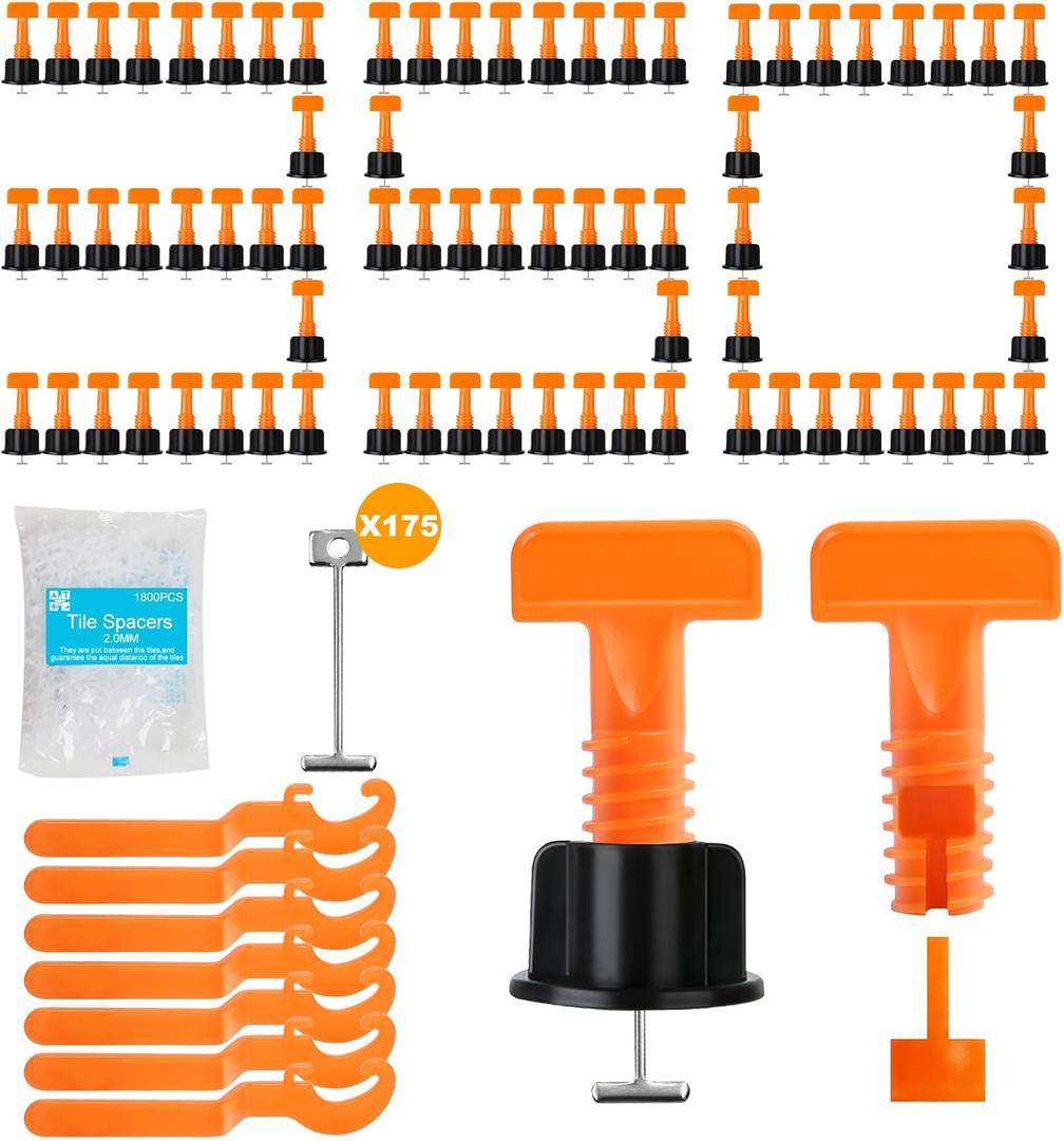 DGSL 350PCS Tile Leveling System Kit, 1/16 Inch Reusable Tile Spacers Leveling System, 7 Wrenches and 175 Steel Wedges 1800PCS Tile Levelers Clips for Walls and Floors Installation