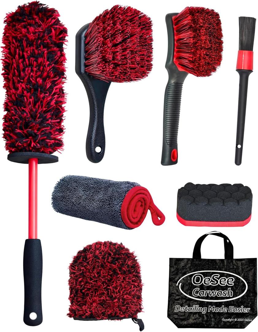 8PCS Wheel Cleaning Kit with Microfiber Brush & Rubber Grip Tire Brush, Twist Loop Drying Towel, Detailing Brush, Applicator for Car Rim and Tire Care (Red & Black)