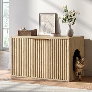 Evermagin 31.5" Oak Cat Litter Box Enclosure Furniture, Large Hidden Litter Box Cabinet, Modern Bohemia Indoor Cat House Kitty End Table for Living Room, Entryway, Bedroom