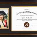 Golden State Art, 11x19.5 Diploma Frame for 8.5x11 Document/Certificate and 5x7 Picture - 2 Openings - Black with Gold Trim and Burgundy Accents - Black over Gold Double Mat - Real Glass - Wall Mount, 13x21.5 Frame
