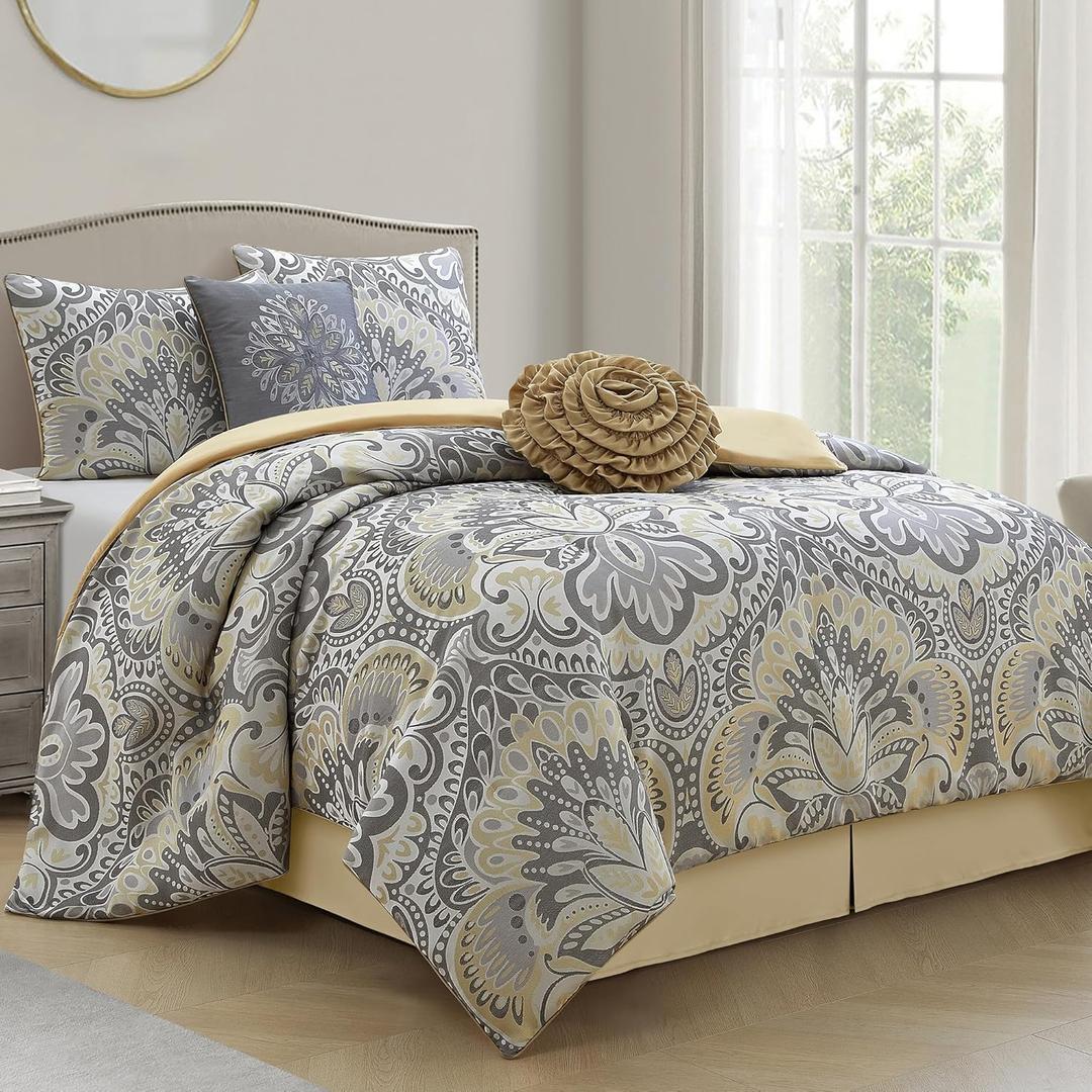LANCO MODERN LIFESTYLE Grey Yellow 6 Piece Comforter Set, King, Elegant Floral Jacquard, Ultra Soft Bed Set for All Seasons, Bed in a Bag, Include Comforter, Bed Skirt, Pillow Shams & Decor Pillows