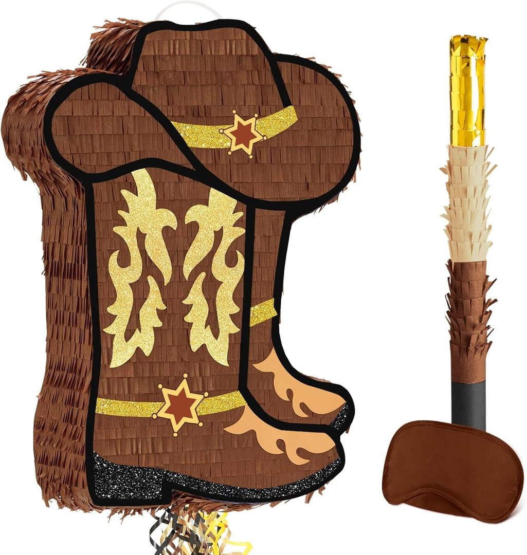 WERNNSAI Western Cowgirl Boot Piata - Cowboy Hat Pinata Game Western World Theme Party Decorations for Adults Kids Birthday Farm Horse Rodeo Party Supplies with Bat Blindfold