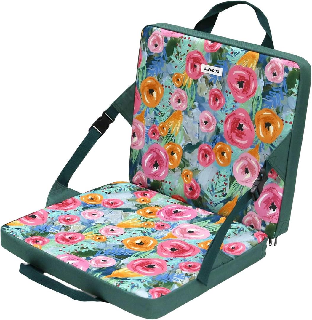 Portable Stadium Seat Cushion with Back Support - Waterproof Bleacher Pad for Sports Events, Camping, Concerts & Outdoor Activities (Floral Green), 15.7" x 13.8" x 2.4"
