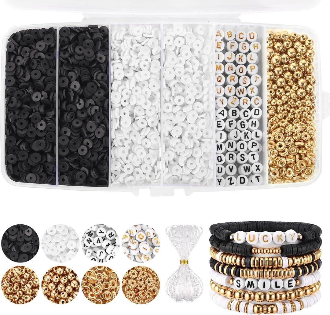 White Black Clay Beads Bracelet Making kit, Funtopia Heishi Beads Polymer Clay Beads for Jewelry Making, Friendship Bracelet Kit with Gold Beads Alphabet Letter Beads for Girls Adults (6mm)