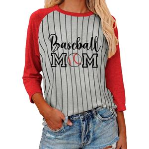 Womens 3/4 Sleeve Striped Baseball Shirt for Mama Crewneck Patchwork Raglan Baseball Mom Tops Red L (Gray, L)