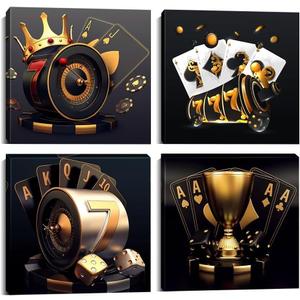 Wall HDQ Casino Wall Art Black and Gold Wall Decor Poker Dice Chips Canvas Painting for Bar Hotel Play Room Gaming Room Party Home Decor Ready to Hang - 16''x16'' x 4Pcs (010)