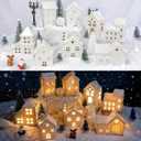 30 Pcs LED Christmas Village Set, 8 Ceramic Christmas Village Houses 17 Xmas Trees 2 Lamp Post with Snowman Santa Claus Deer Farmhouse Scenes Decor for Tabletop Mantel Holiday Display Gift (White)