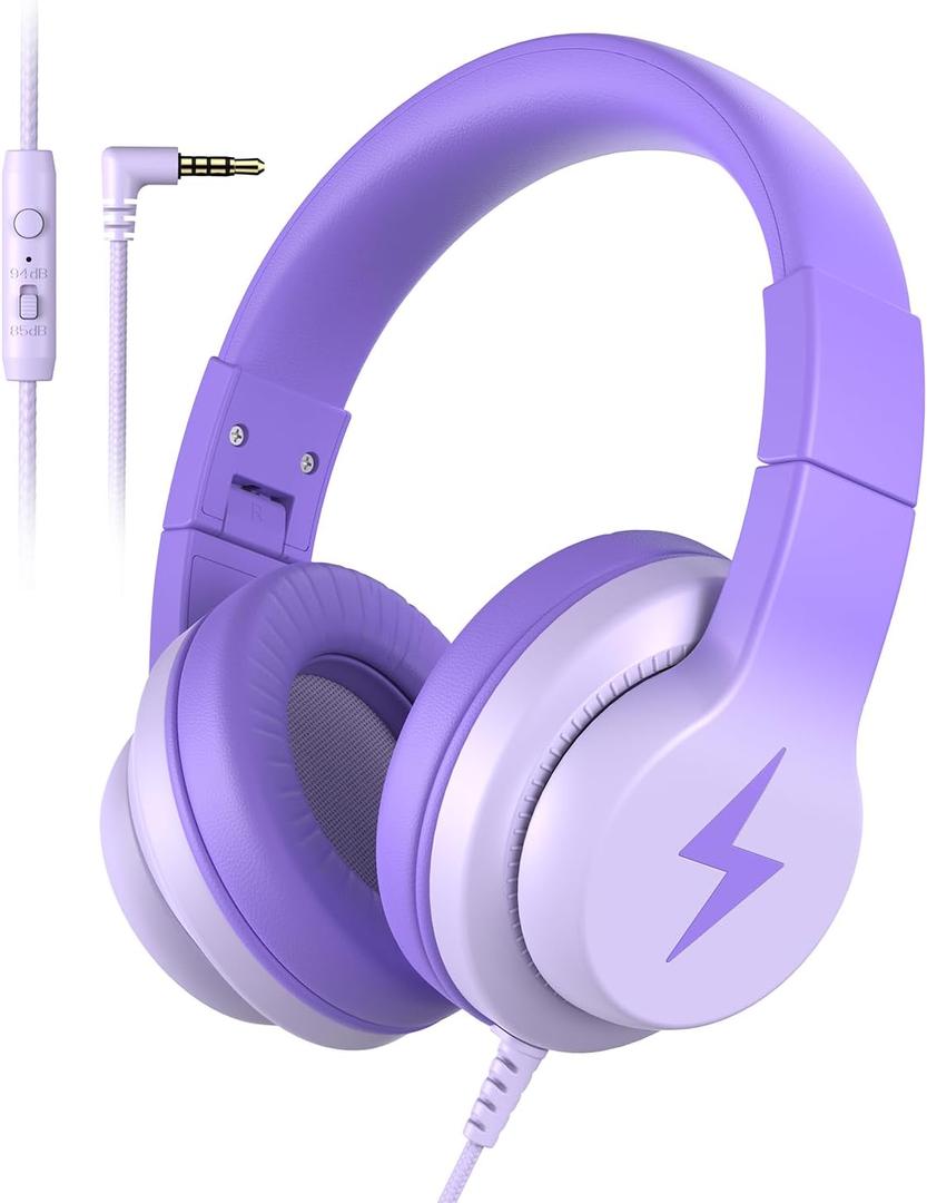 Kids Headphones, Wired Headphones for Kids Over Ear with Microphone, 85/94dB Volume Limiter Headphone for Girls Boys, Foldable Headphone for Learning & Entertainment, Gradient Deep Purple