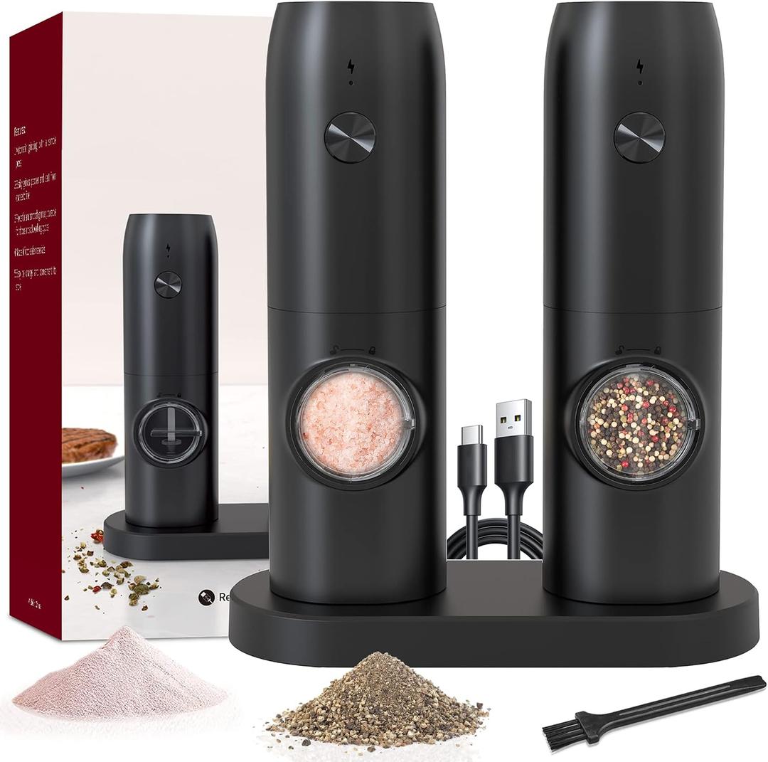 Electric Salt and Pepper Grinder Set of 2, Automatic Pepper Mill,USB Rechargeable, Adjustable Coarseness, One-handed Operation, Ceramic Burr,Refillable, Auto Grinders with Charging Base LED Light