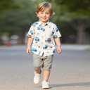 Hawaiian Shirts for Toddler Boy 2 Pieces, Summer Short Button Down Shirt and Short Cute Cartoon Prints Outfit for kid 7Y