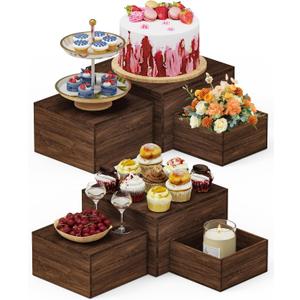 6 PCS Wooden Buffet Risers, Rustic Wood Cake Cupcake Stands, Square Food Risers for Buffet Table, Catering Dessert Table Display Set, Stackable Wooden Crates for Party, Decor, Wedding, Birthday