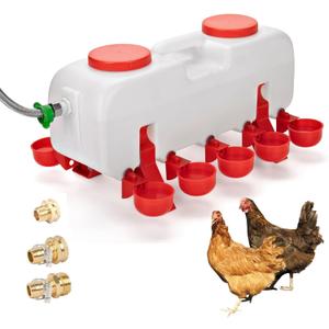 Automatic Chicken Waterer with 10 Drinking Cups and Hose ExtensionsHose Adapters -Ideal for Chicks, Ducklings, Pigeons and Other Poultry. (Without Float Control, With Float Control)
