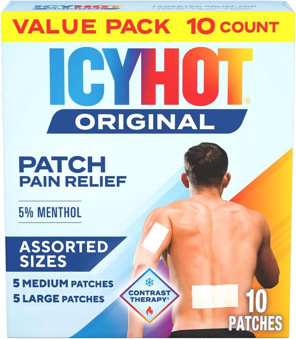 Icy Hot Original Pain Relief Patch Variety Pack with 5% Cooling Menthol for Fast-Acting Muscle and Joint Pain Relief, 5 Medium and 5 Large Comfortable Fabric Patches, 10 Ct.