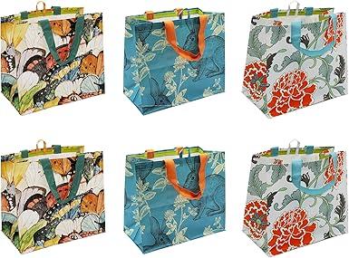 Earthwise Reusable Grocery Shopping Bags Extremely Durable Multi Use Large Stylish Fun Foldable Water-Resistant Totes, (Designs May Vary) 6 Packs 