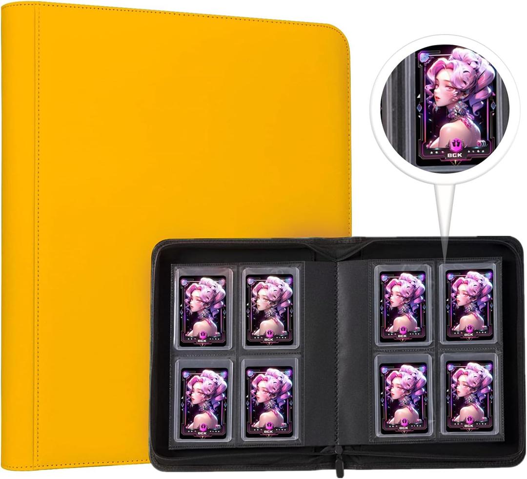 Toploader Binder, 4-Pocket Double Sided Top Loaders Binder, Holds 128 Cards in 3"x4" Toploaders, PU Leather Card Binder Abulm for Toploader Trading, Sports, and Gaming Cards (Yellow)