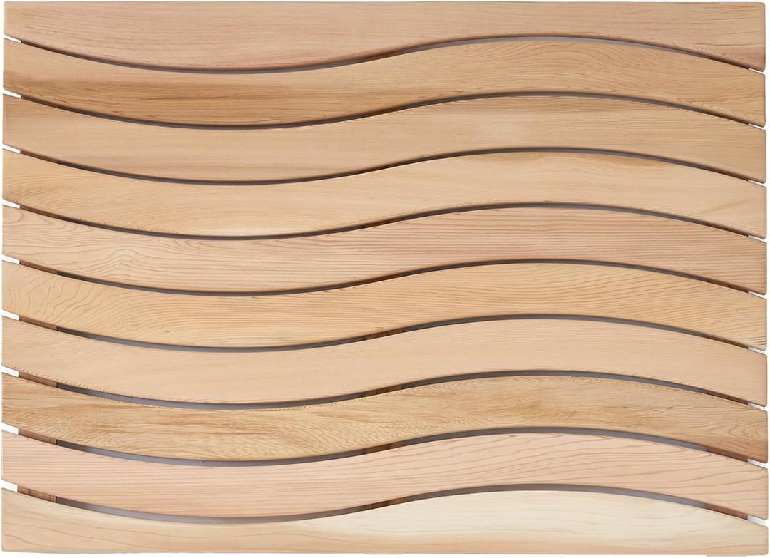 bingaai Cedar Wood Bath Mat 31.5"  23.63", Wave Design Wooden Shower Mat, Wood Bathroom Mat Non-Slip for Bathtub Sauna Spa Home, Wooden Floor Mat Large for Indoor and Outdoor Shower