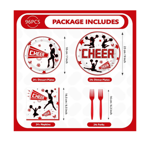 96Pcs Cheer Party Decorations Cheerleader and Loudspeaker Plates and Napkins Red Black White Sports Gymnastics Tableware Set for Girls' Cheer Birthday Ceremony Graduation Party Supplies Serves 24