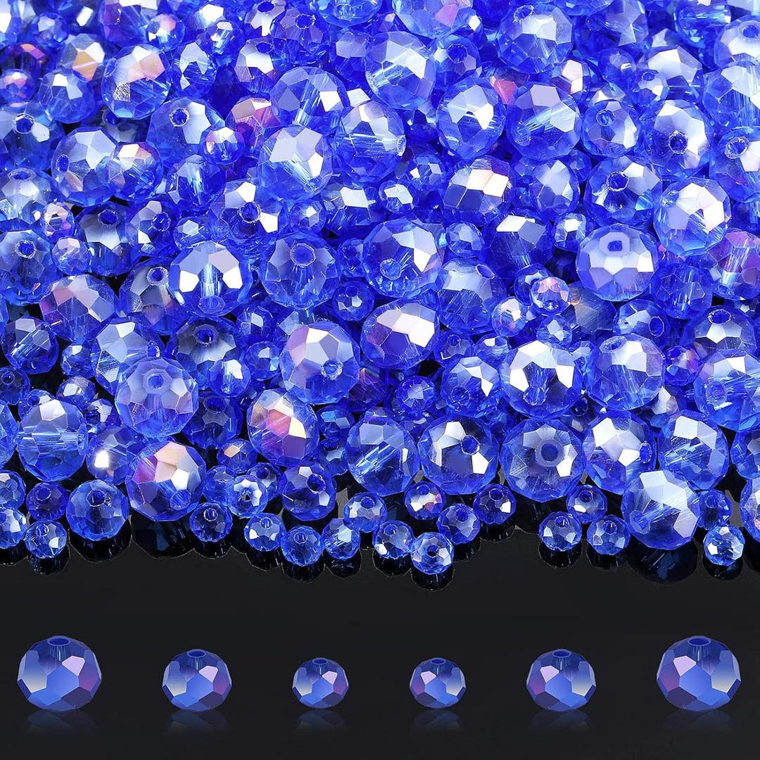 WILLBOND 600 Pcs Crystal Glass Beads for Jewelry Making Bulk Suncatcher Faceted Rondelle Loose Gemstone for Valentine's Day, Irish Holiday, Easter Bracelet DIY Crafts 8mm, 6mm, 4mm(Blue AB Color)