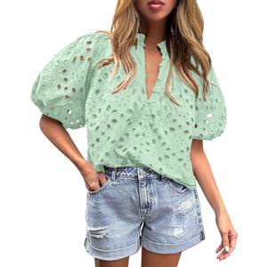 BETTE BOUTIK Women's Long Short Sleeve Tops 2025 Dressy Casual Button Hollow Out Lace Embroidered Blouses Shirts (S)
