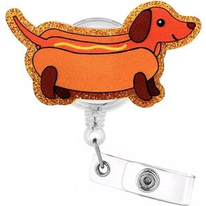 Celokiy Cute Dachshund Badge Reel  Orange Dog Design with Gold Glitter, Retractable ID Holder with Metal Clip for Nurses, Teachers, and Office Staff