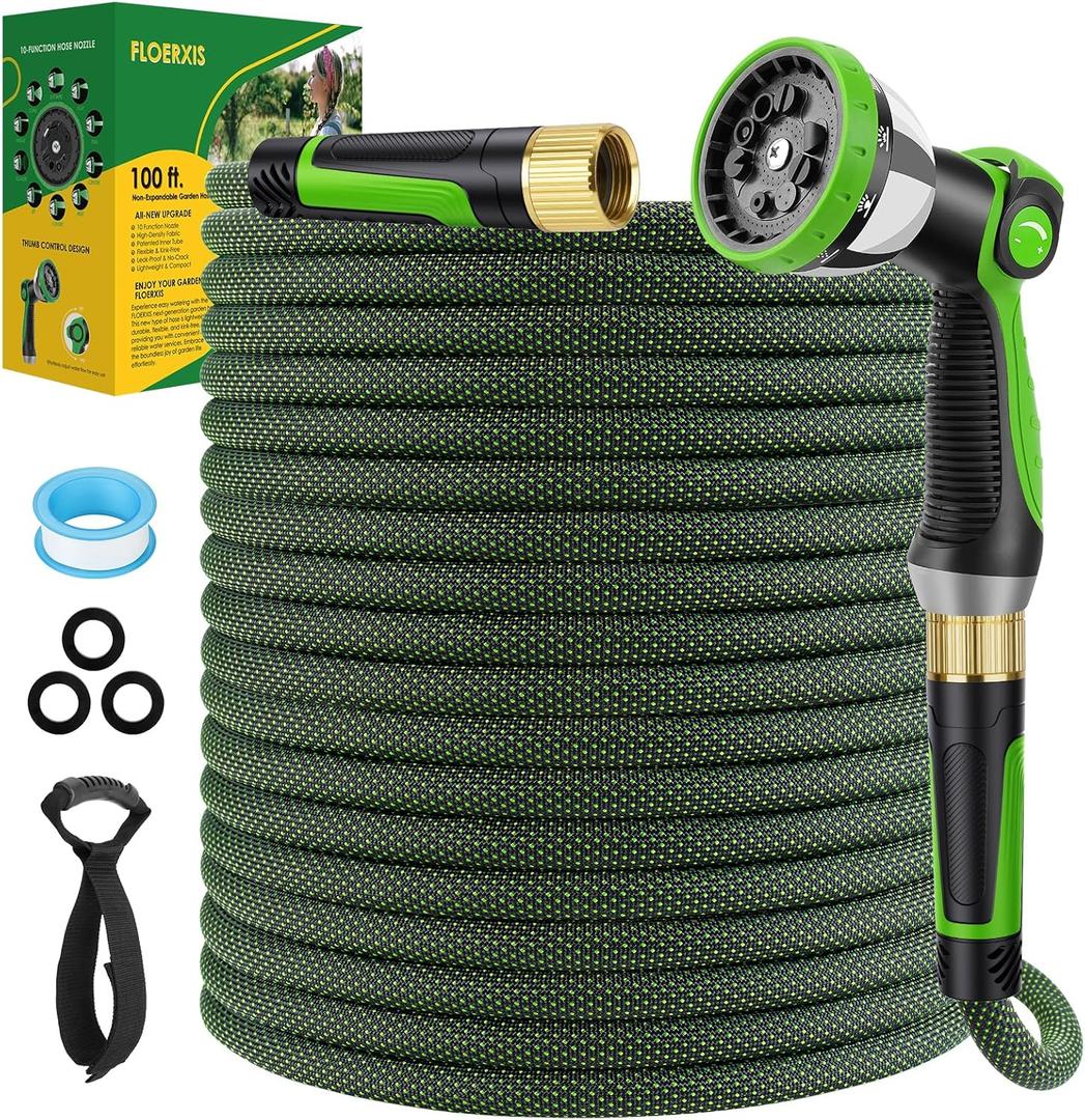 Non-Expandable Garden Hose 100 FT, Lightweight Hose with 10 Function Spray Nozzle, Kink-Free Flexible Water Hose, Durable, Leak-Proof, 360 Swivel Connectors, Portable Storage Strap