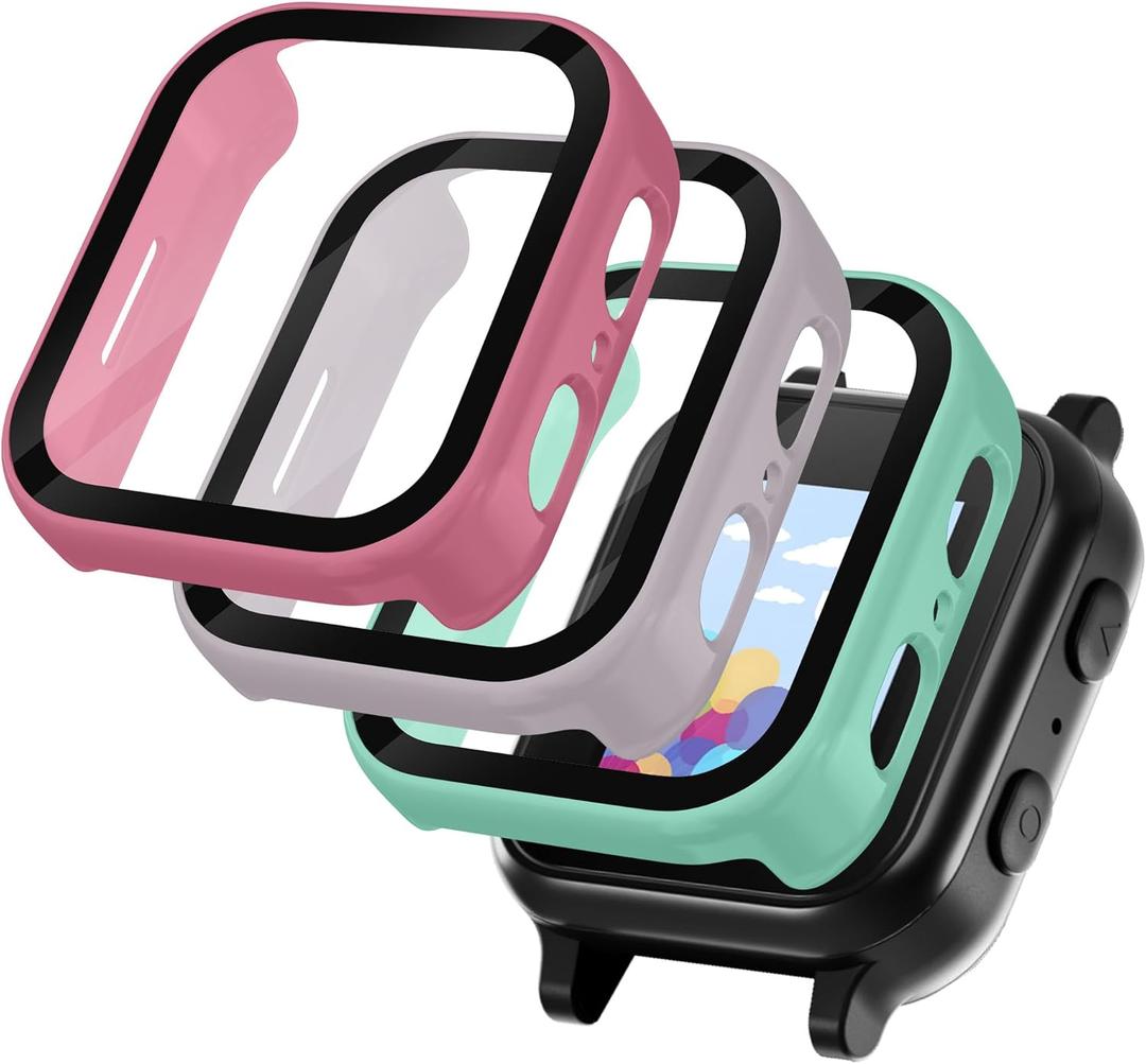 Seltureone 3 Pack Case Compatible with Gabb Watch 3/3e Screen Protector, Hard PC Protective Case Built-in Tempered Glass for Kids Compatible with Gabb Watch 3/3e Accessories Only (Pink+Green+Purple)