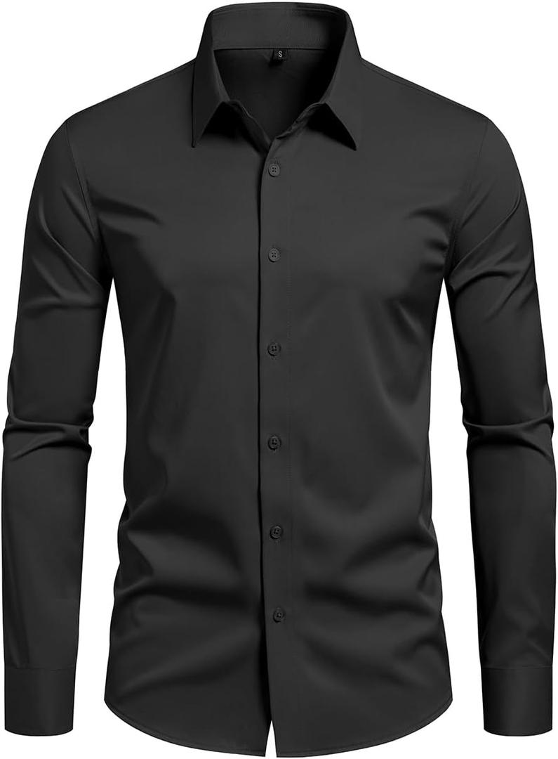 Mens Slim Fit Dress Shirts Wrinkle Free Formal Wedding Long Sleeve Button Down Shirts (Black, XS)