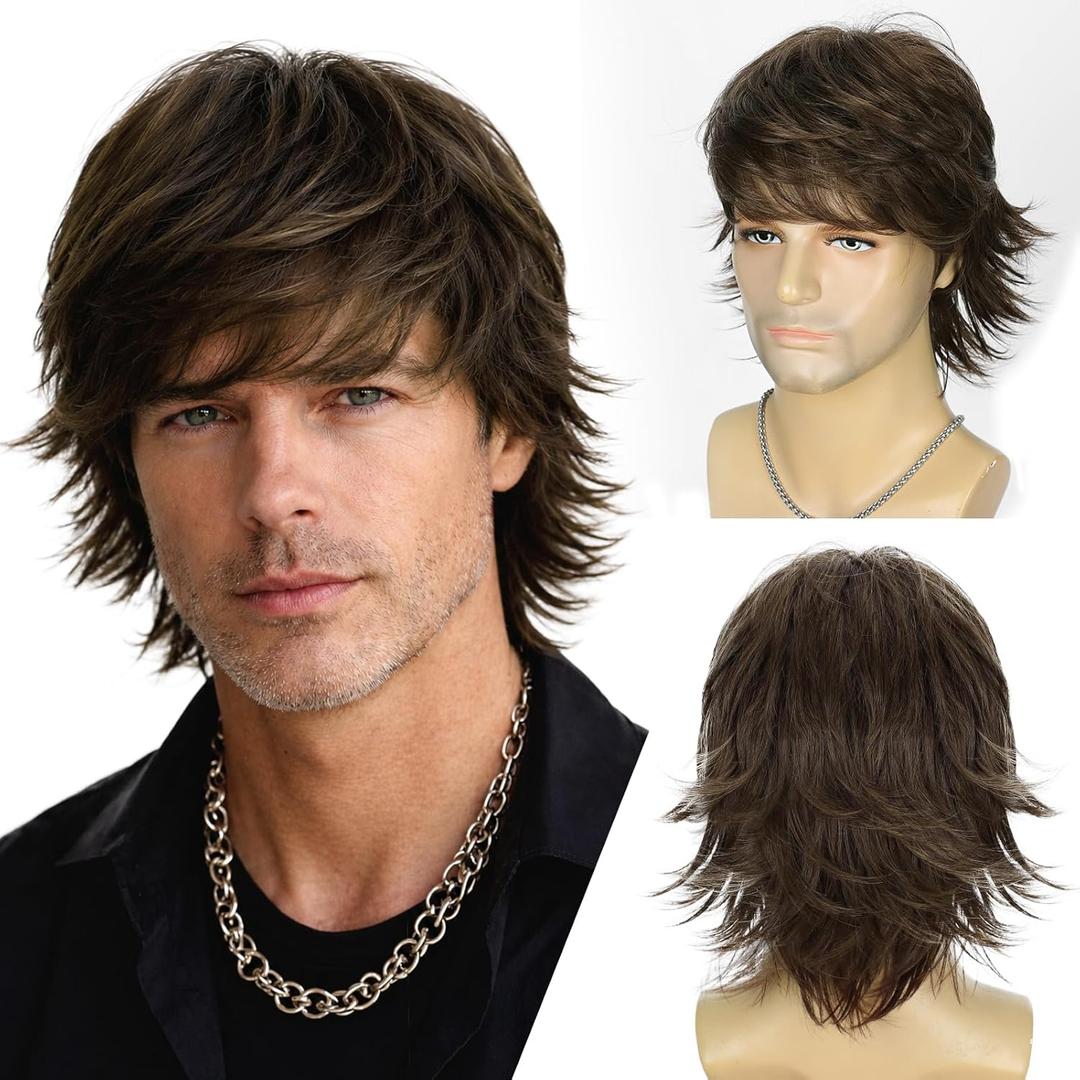 Short 70s Wig for Men Light Brown Layered Synthetic Hair Mens Wig for Daily, Funny Halloween Cosplay Wig(Light Brown, Adult)