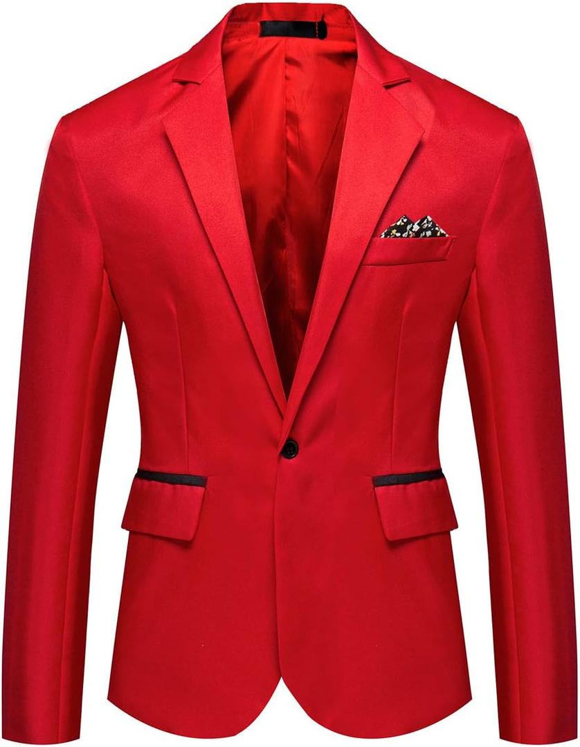 Men's Casual Suit Jacket Slim Fit One Button Notched Lapel Business Daily Lightweight Blazer Jacket (Red, M)