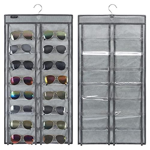 ANZORG Dual Sided Hanging Sunglasses Organizer Wall Eyeglass Holder Sunglass Rack for Home with 32 Dust Proof Pockets (32 Pockets-Grey)