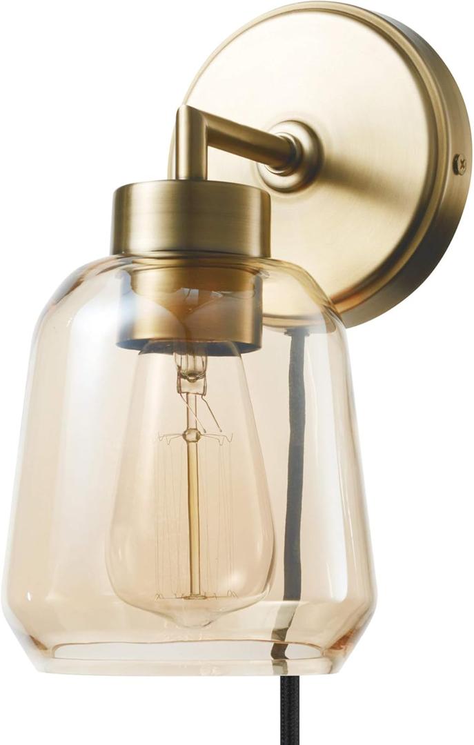 Globe Electric 51715 1-Light Plug-in or Hardwire Wall Sconce, Matte Brass, Smoked Amber Glass Shade, Black Fabric Cord, in-Line On/Off Switch, Bedroom, Living Room, Mounted Bedside Lamp
