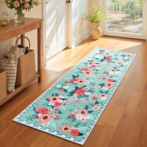 GRANNY SAYS Rug Runners for Hallways Non Slip, 2x6 Washable Runner Rug with Rubber Backing, Soft Low Pile Faux Wool Rug, Vintage Carpet Runners Rugs for Kitchen, Entryway, Aqua Floral