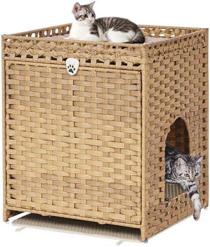 Cat Litter Box Enclosure with Soft Litter Mat; Hidden Cat Washroom Furniture with Door; Handwoven Rattan Cat House; Pet Crate for Living Room, Bedroom, Balcony (Natural)