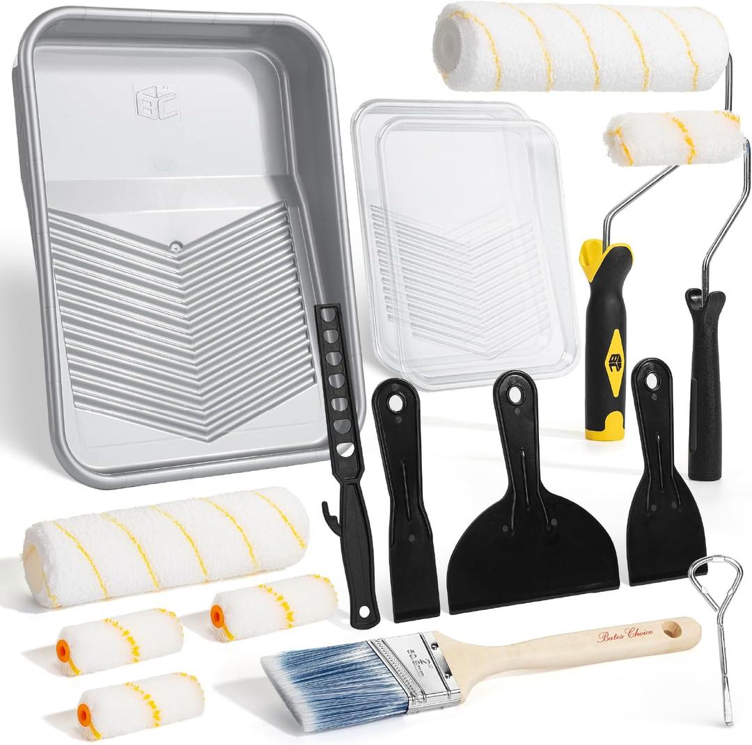 Bates- 9 Inch Paint Roller Kit, 17 pcs, Plastic Paint Tray, Clear Disposable Tray Liners, 4" & 9" Roller Frame, Roller Covers 4" & 9", Angle Brush, Plastic Scrappers, Can Opener and Stirring Rod