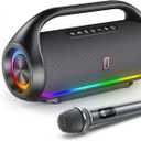 Portable Bluetooth Speaker with 2 Wireless Microphones, IPX5 Waterproof Speakers with Deep Bass & LED Lights, Loud Stereo Portable Speaker for Outdoor Indoor Home Parties Hiking Camping