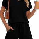 PRETTYGARDEN Two Piece Set for Women Summer Lounge Sets Shorts And Short Sleeve Tops Knitted Matching Travel Spring Outfits (Black, M)