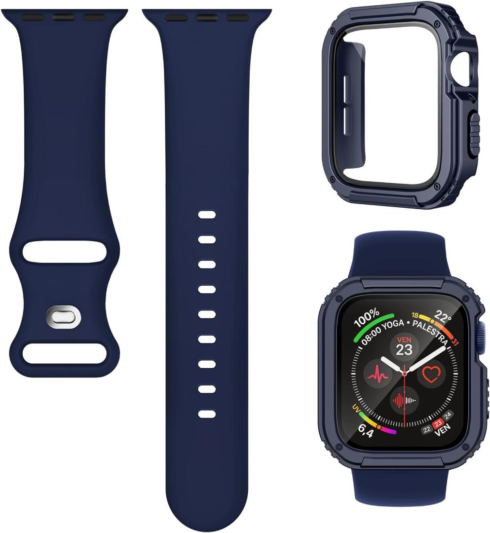 2 x 3-in-1 Silicone Band and Rugged Case Compatible for Apple Watch Bands 44mm 45mm 46mm 42mm 40mm 41mm, Sport Strap and Protective Cover with Screen Protector for iWatch Series 11 10 9 8 7 6 5 4 SE3