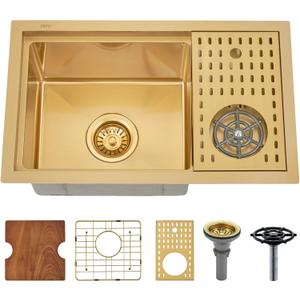 23 Inch Gold Undermount Bar Sink with Glass Rinser - PEPO 23x14x9 Inch Stainless Steel Workstation Sinks Bar Prep Sink 16 Gauge Single Bowl Undermount Kitchen Sink with Cup Washer
